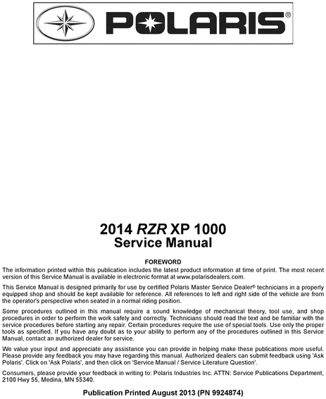 Product picture 2014 Polaris RZR XP 1000 factory Service manual